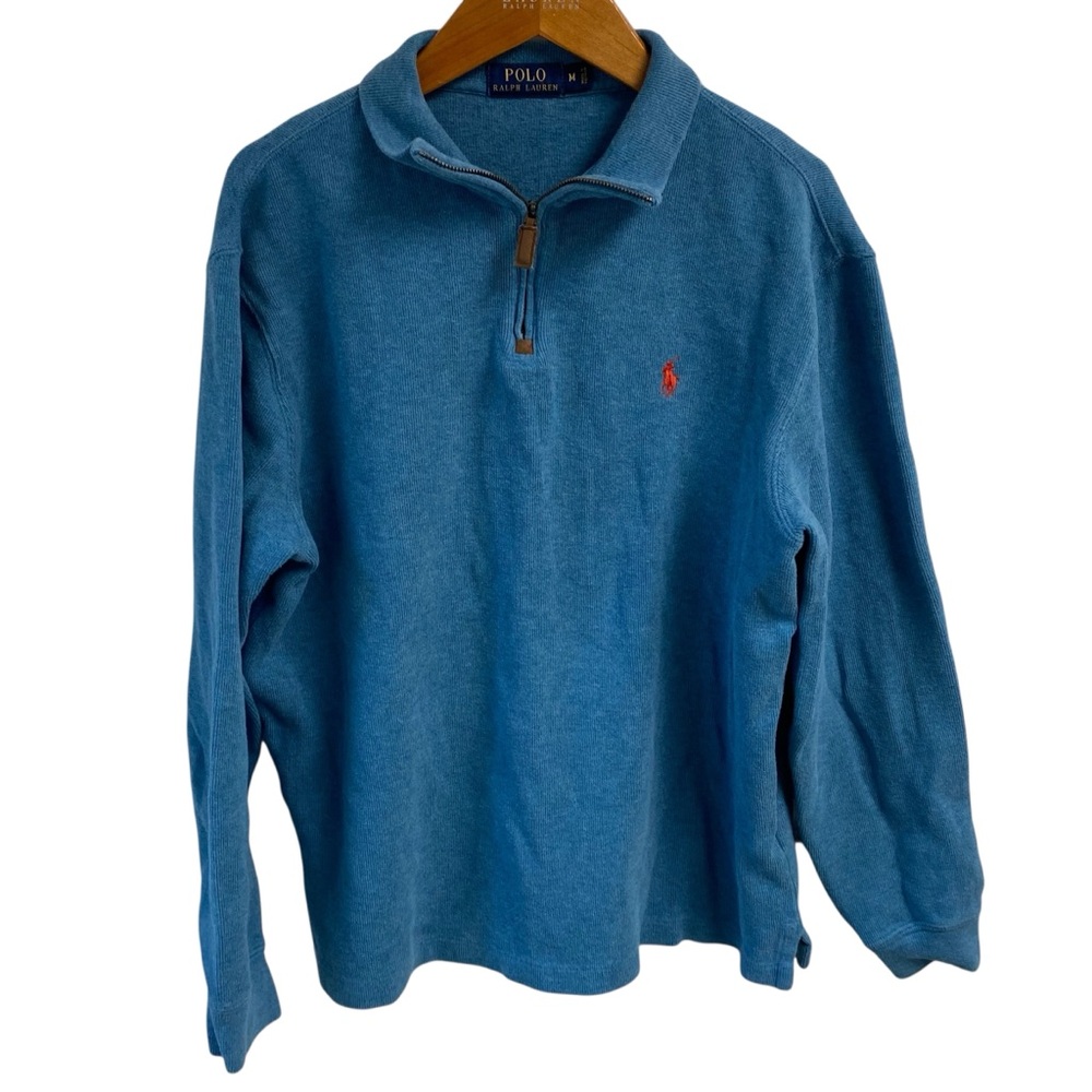 Polo Ralph Lauren Heather Blue Knit Top 1/4” Zip Cotton Preppy Size Medium‎